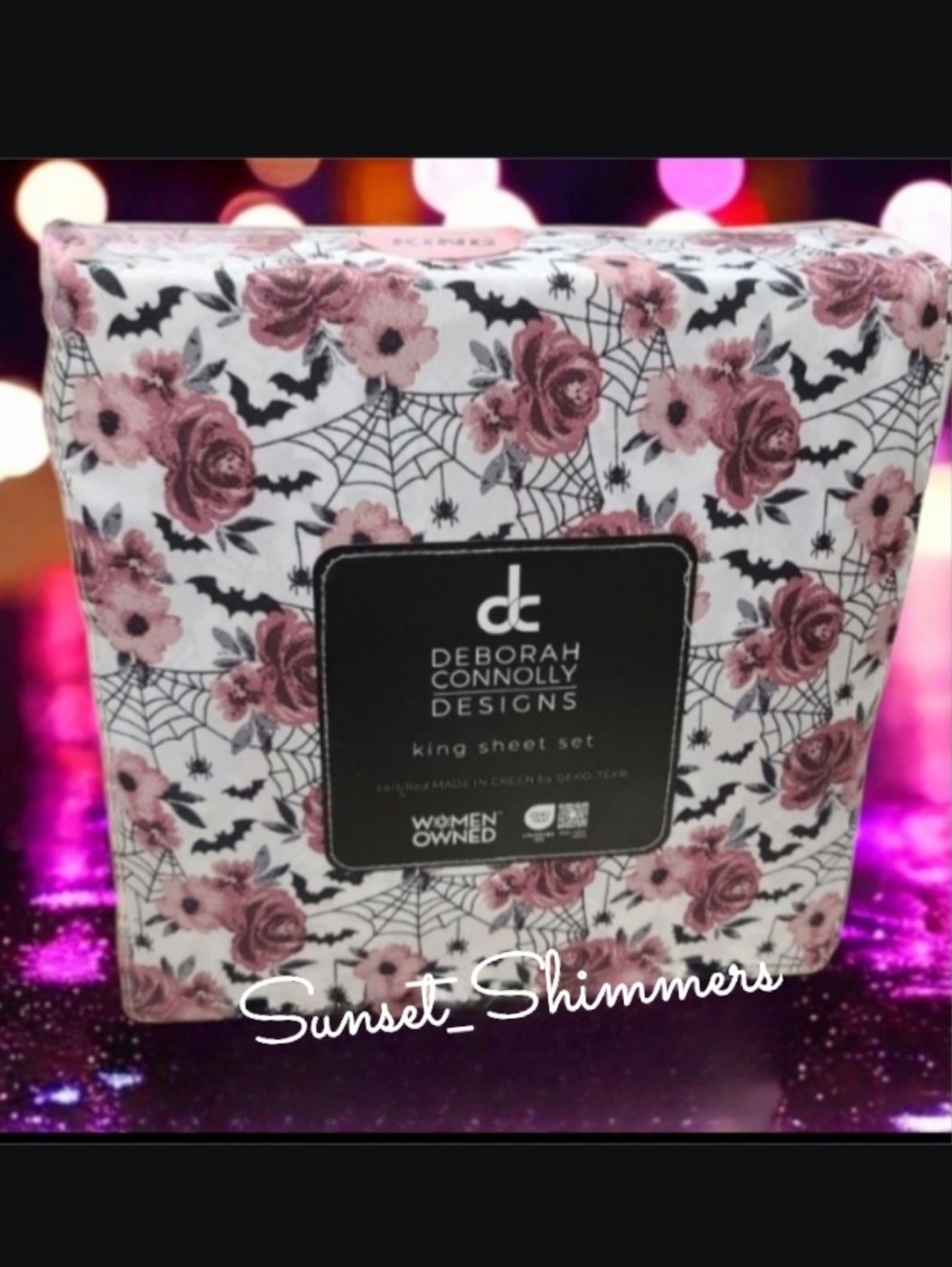 Gothic Rose Spiderweb & Bats Halloween KING Bed Sheet Set Deborah Connolly New